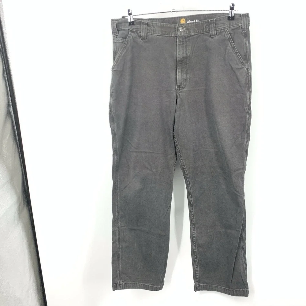 Carhartt Men Size 38 x 32 Pants Gray Canvas Relaxed Fit Straight‎ Stretch Jeans